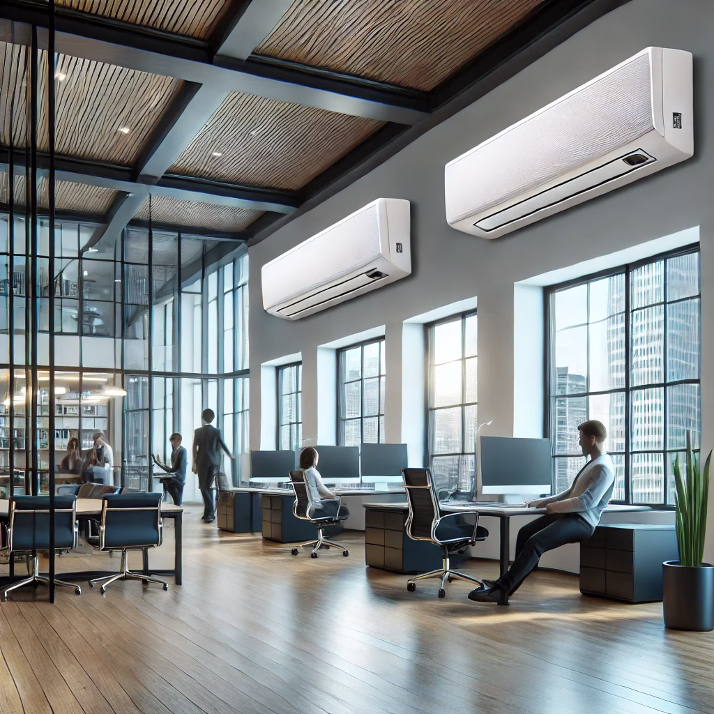 DALL·E-2025-02-19-16.51.38-An-ultra-realistic-image-of-a-modern-commercial-air-conditioning-system-with-sleek-wall-mounted-units-installed-in-a-spacious-office-environment.-The-.webp